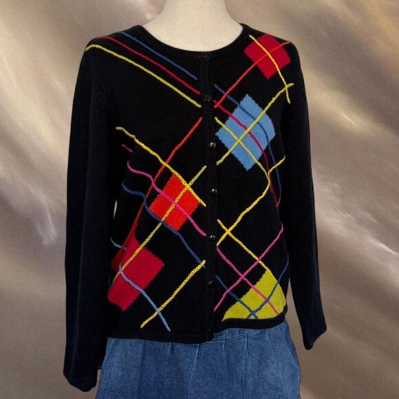 Vtg Retro 90s black cardigan with colorful plaid pattern - Marisa Christina - Picture 1 of 5